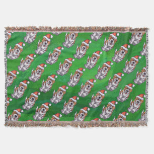 Cute St. Bernard in Hat Pattern on Green Throw Blanket