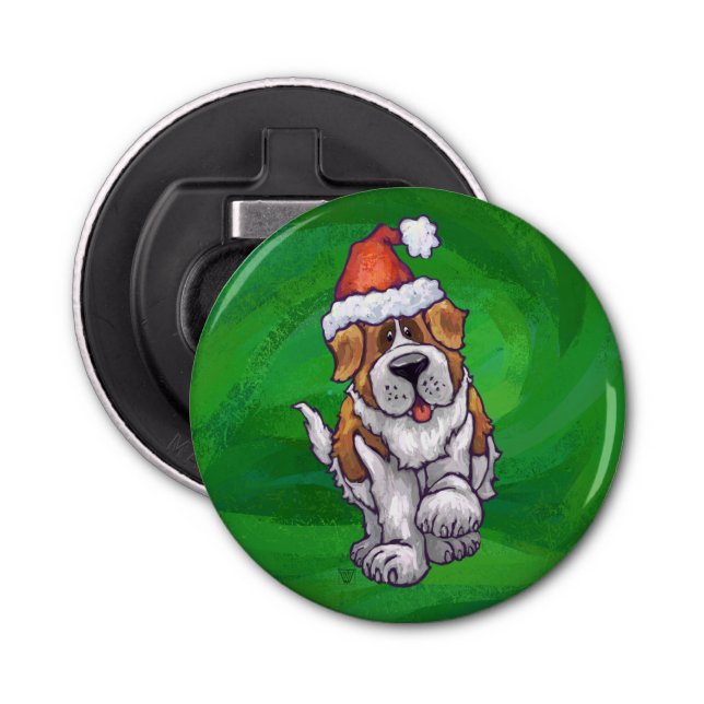 Cute St. Bernard in Santa Hat on Green Bottle Opener (Front)