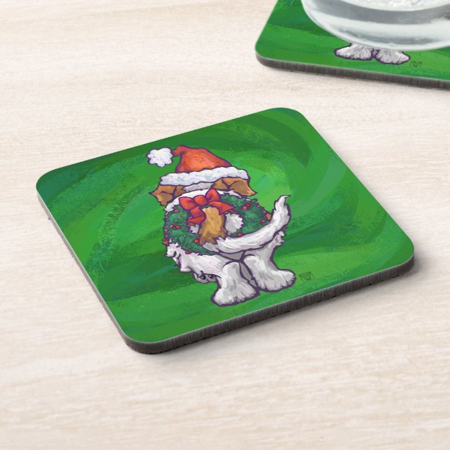 Cute St. Bernard in Santa Hat on Green Coaster (Left Side)