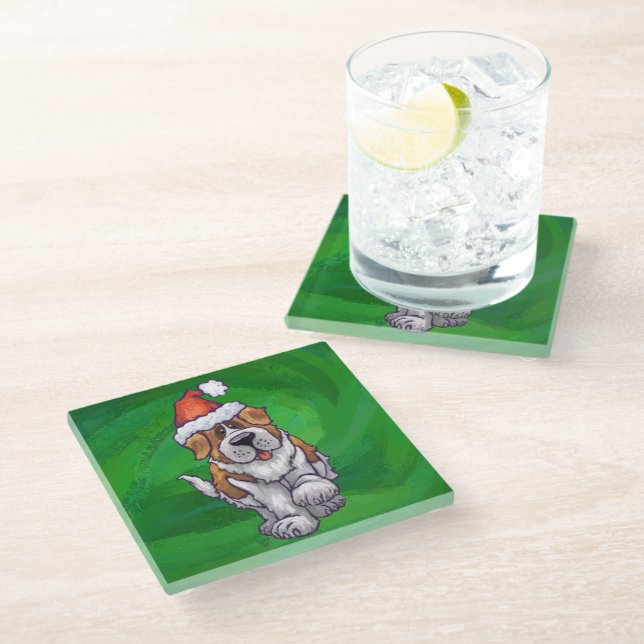 Cute St. Bernard in Santa Hat on Green Glass Coaster (Angled)
