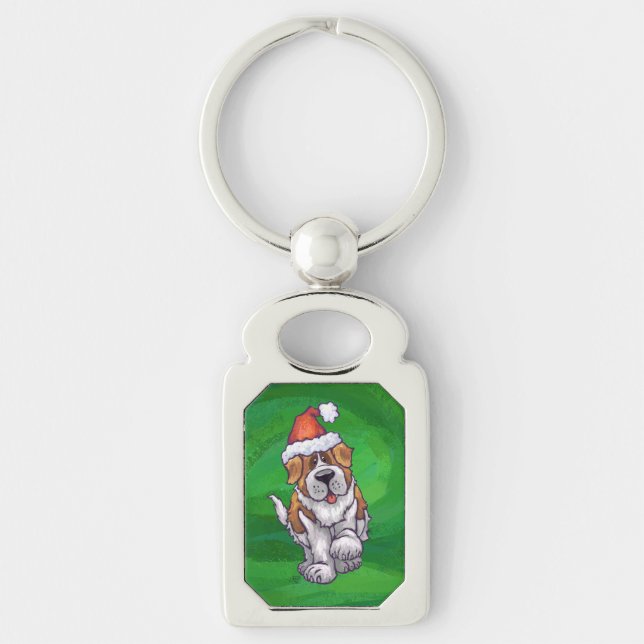 Cute St. Bernard in Santa Hat on Green Key Ring (Front)