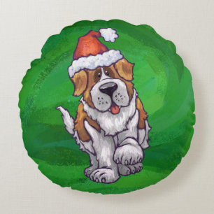 Cute St. Bernard in Santa Hat on Green Round Cushion