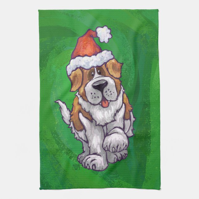 Cute St. Bernard in Santa Hat on Green Tea Towel (Vertical)