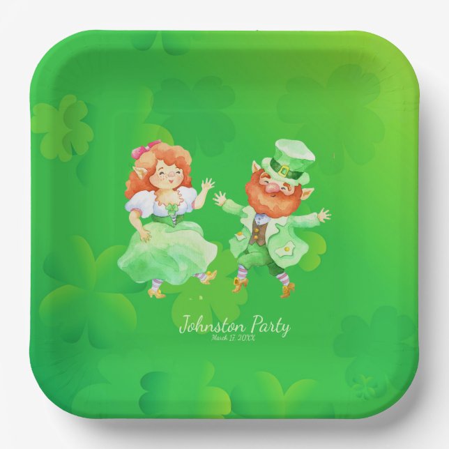 Cute St. Patrick’s Day  Irish Elves Dancing Jig Paper Plate (Front)
