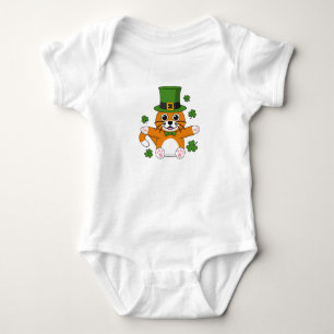 Cute St Patrick's Day Cat with Shamrocks Cartoon Baby Bodysuit