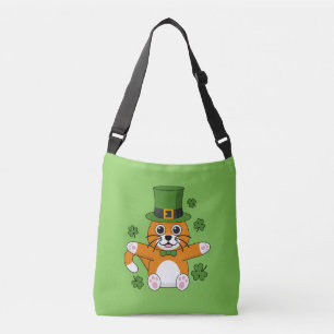 Cute St Patrick's Day Cat with Shamrocks Cartoon Crossbody Bag