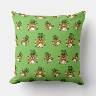 Cute St Patrick's Day Cat with Shamrocks Cartoon Cushion