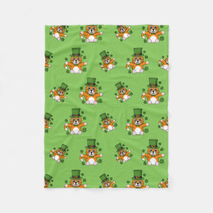 Cute St Patrick's Day Cat with Shamrocks Cartoon Fleece Blanket