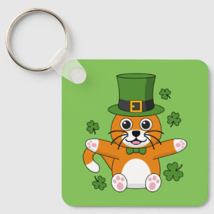 Cute St Patrick's Day Cat with Shamrocks Cartoon Key Ring