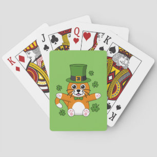 Cute St Patrick's Day Cat with Shamrocks Cartoon Playing Cards