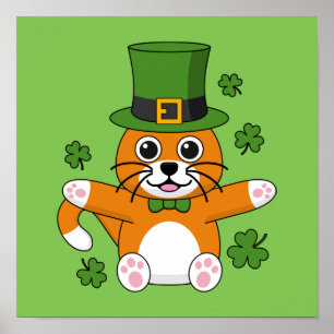 Cute St Patrick's Day Cat with Shamrocks Cartoon Poster