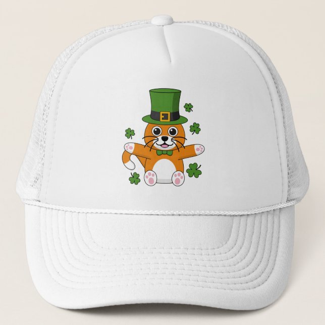 Cute St Patrick's Day Cat with Shamrocks Cartoon Trucker Hat (Front)