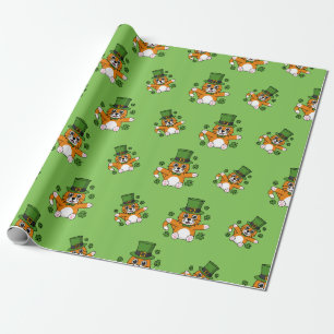 Cute St Patrick's Day Cat with Shamrocks Cartoon Wrapping Paper