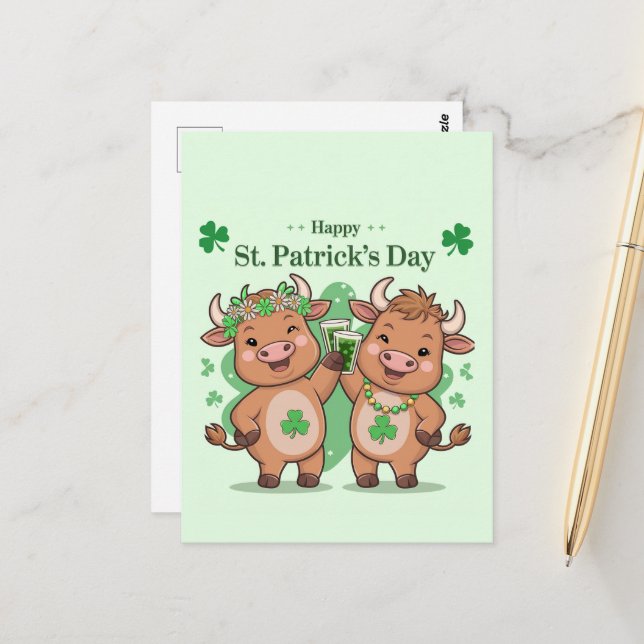 Cute St Patricks Day Cows  Postcard (Front/Back In Situ)