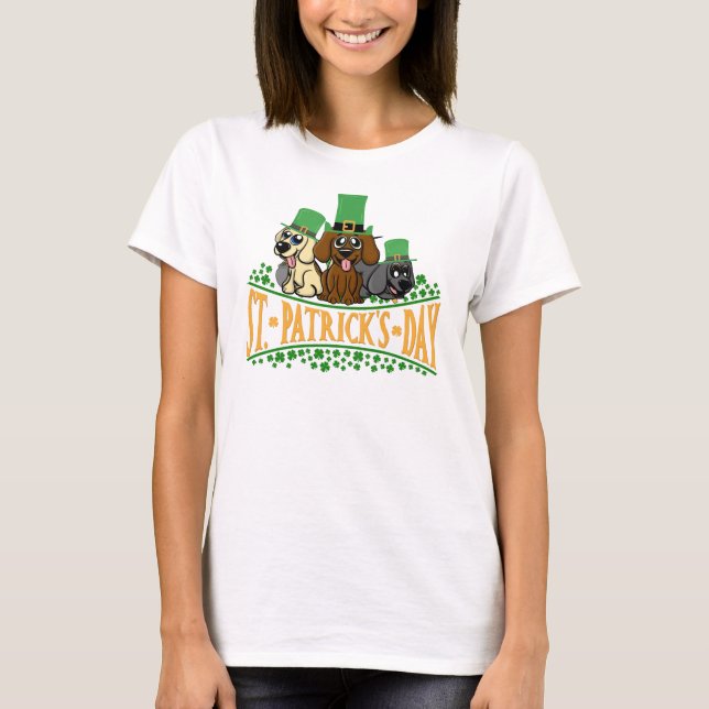 Cute St Patrick's Day Dogs Leprechaun Hat Shamrock T-Shirt (Front)