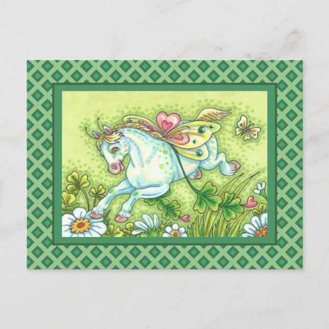 CUTE ST. PATRICK'S DAY FLYING IRISH PONY, FAIRY HOLIDAY POSTCARD (Front)