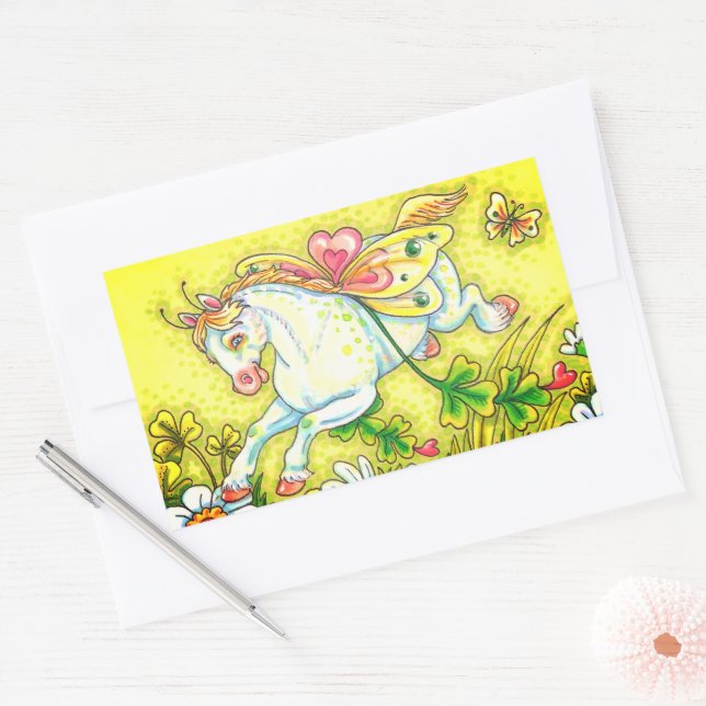 CUTE ST. PATRICK'S DAY FLYING IRISH PONY, FAIRY RECTANGULAR STICKER (Envelope)