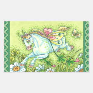 CUTE ST. PATRICK'S DAY FLYING IRISH PONY, FAIRY RECTANGULAR STICKER