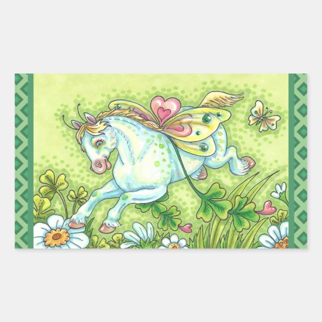 CUTE ST. PATRICK'S DAY FLYING IRISH PONY, FAIRY RECTANGULAR STICKER (Front)