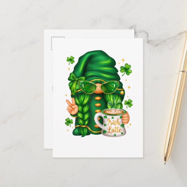 Cute St Patricks Day Gnome Drinking Coffee Announcement Postcard (Front/Back In Situ)