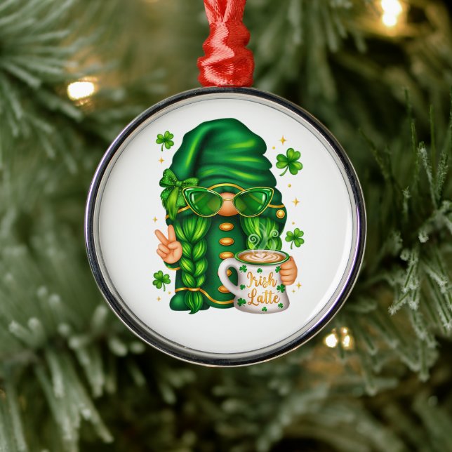 Cute St Patricks Day Gnome Drinking Coffee Metal Tree Decoration (Tree)