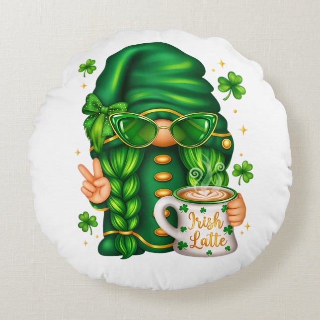 Cute St Patricks Day Gnome Drinking Coffee Round Cushion (Front)