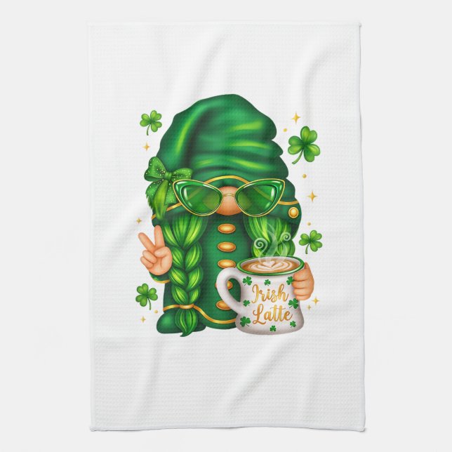 Cute St Patricks Day Gnome Drinking Coffee Tea Towel (Vertical)