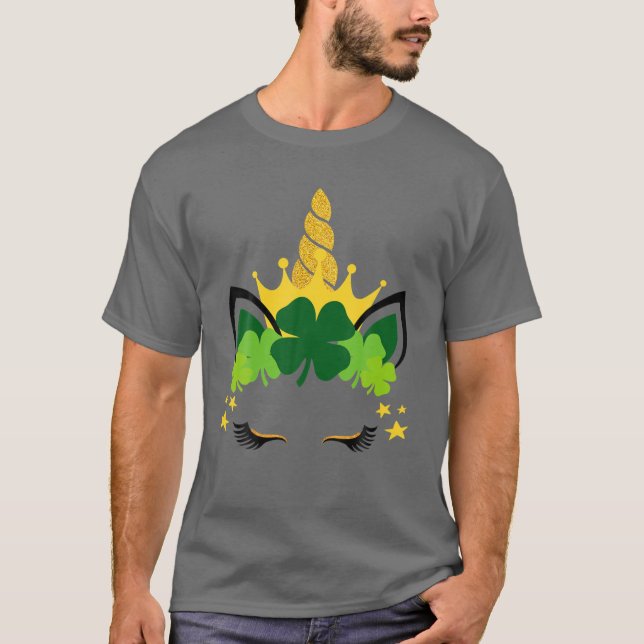 Cute St Patrick's Day Graphic Unicorn Horn Shamroc T-Shirt (Front)