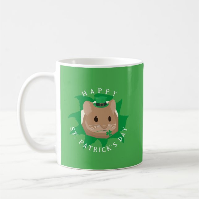 Cute St Patrick's Day Hamster peeking through hole Coffee Mug (Left)