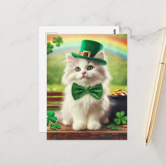 Cute St. Patricks Day Kitten Rainbow Pot of Gold Postcard (Front/Back In Situ)
