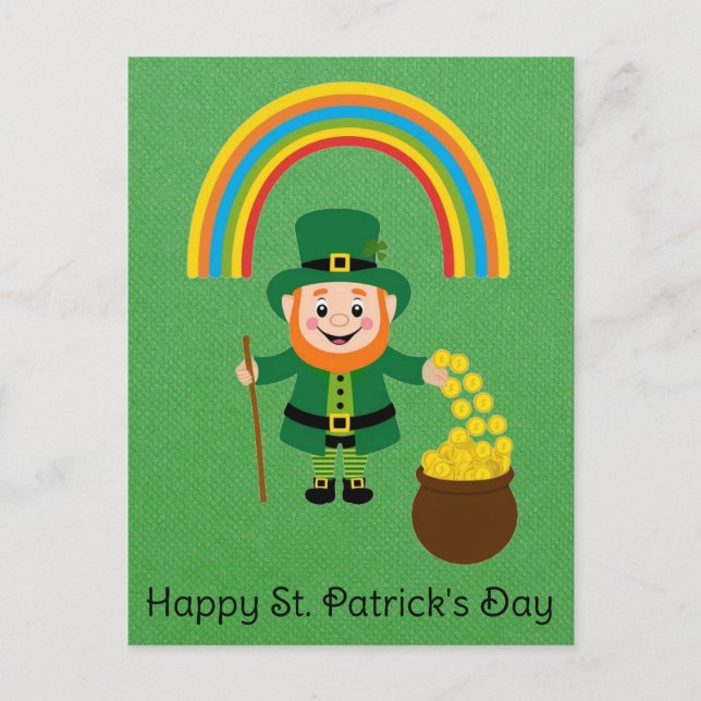 Cute St Patricks Day Leprechaun Rainbow Gold Pot Postcard (Front)