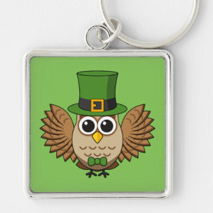 Cute St Patrick's Day Owl Cartoon Key Ring