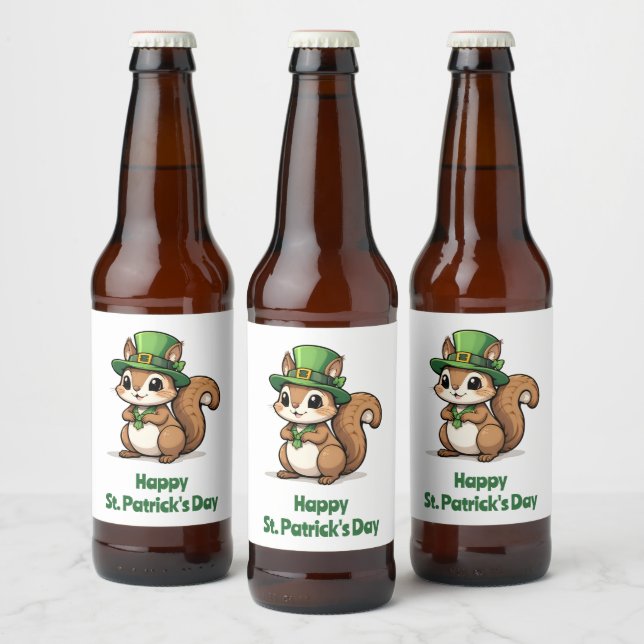 Cute St. Patrick's Day Squirrel with Green Hat Beer Bottle Label (Bottles)