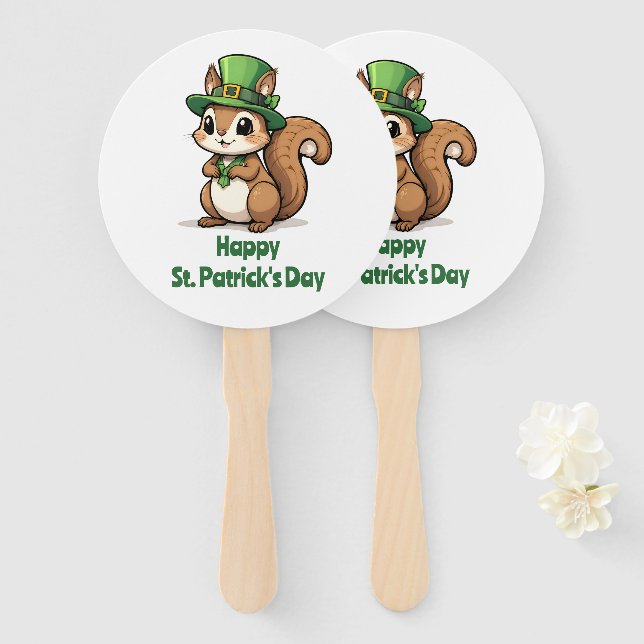 Cute St. Patrick's Day Squirrel with Green Hat Hand Fan (Front and Back)