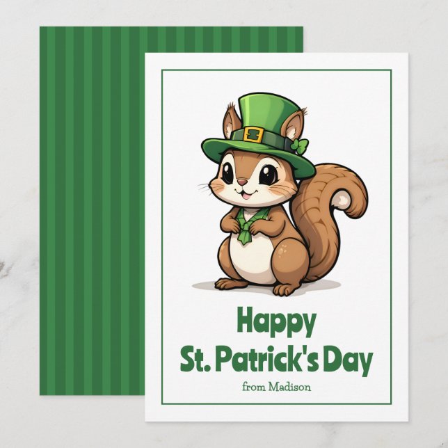 Cute St. Patrick's Day Squirrel with Green Hat Holiday Card (Front/Back)