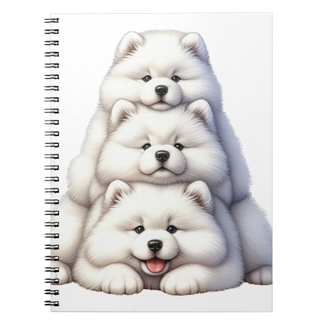 CUTE STACK OF WHITE SAMOYED PUPPY DOGS NOTEBOOK (Front)