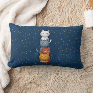 Cute Stacked Cats Lumbar Throw Pillow 🐱 | Navy