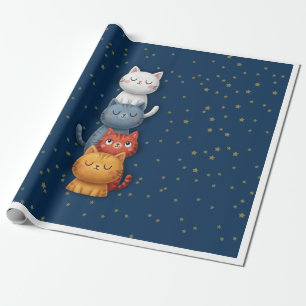 Cute Stacked Cats on Starry Navy Blue Wrapping Pap Paper