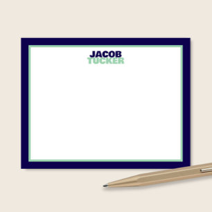 Cute Stacked Name Navy Blue Mint Border Stationery Card