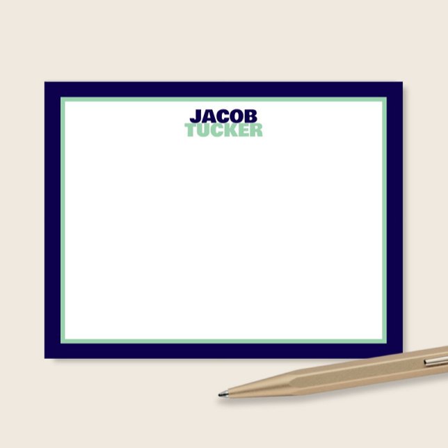 Cute Stacked Name Navy Blue Mint Border Stationery Card (Creator Uploaded)