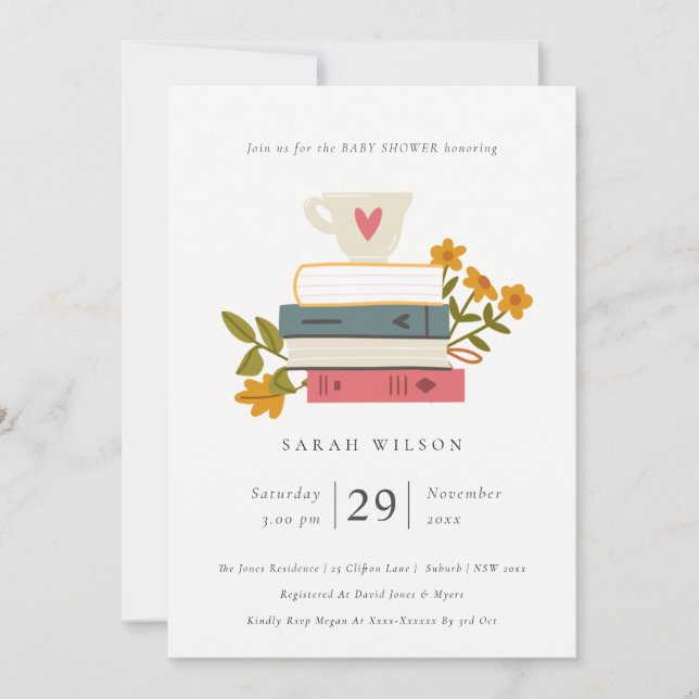 Cute Stacked Storybooks Floral Baby Shower Invite (Front)