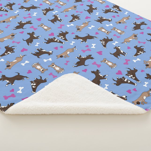 Cute Staffy Lab Dog White Bones Pink Hearts Blue Sherpa Blanket (3/4)
