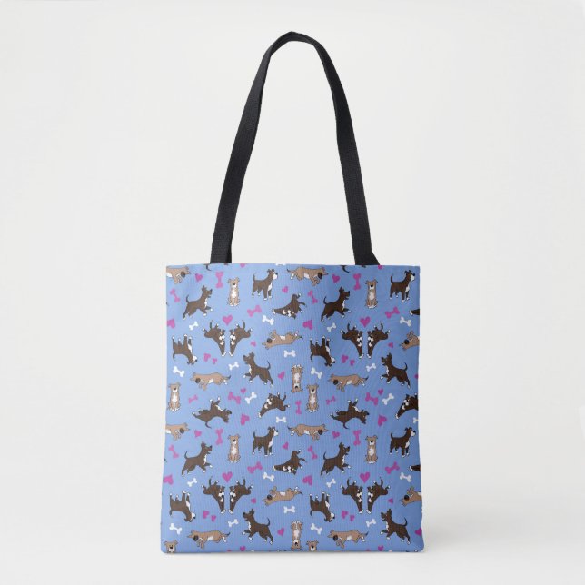 Cute Staffy Lab Dog White Bones Pink Hearts Blue Tote Bag (Front)