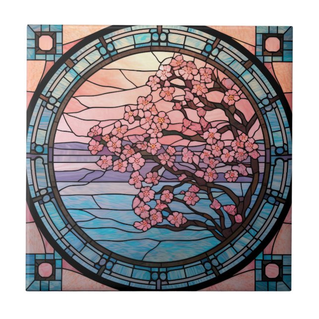 cute stained glass cherry blossom tree  tile (Front)