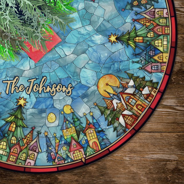 Cute stained glass houses custom christmas brushed polyester tree skirt (Creator Uploaded)
