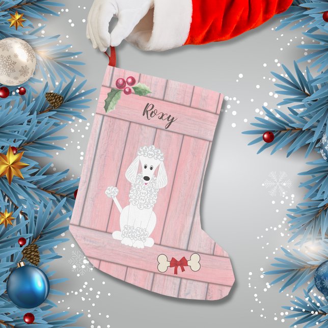 Cute Standard Poodle Pink Wooden Fence Monogram Small Christmas Stocking (Creator Uploaded)