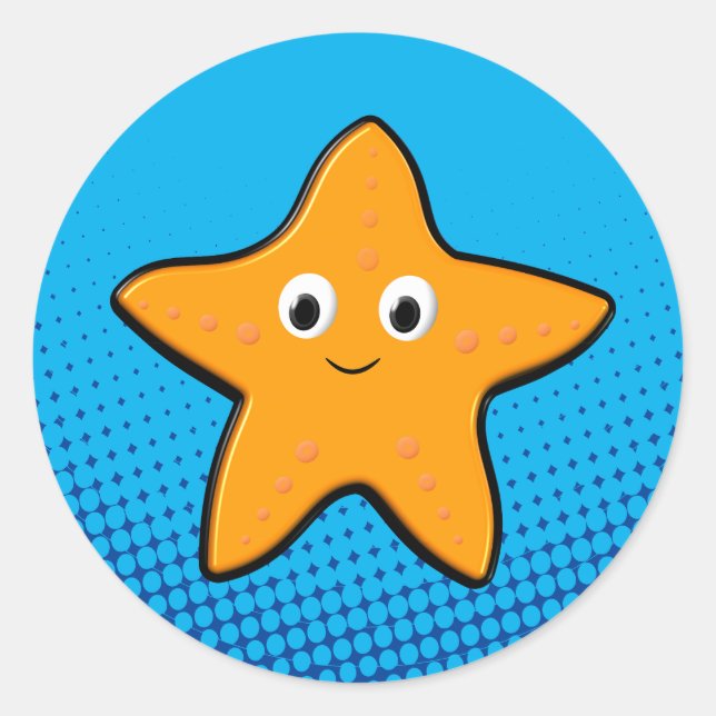 Cute Starfish Drawing Blue Ocean Classic Round Sticker (Front)