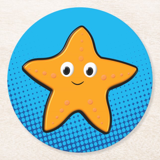 Cute Starfish Drawing Blue Ocean Round Paper Coaster (Front)