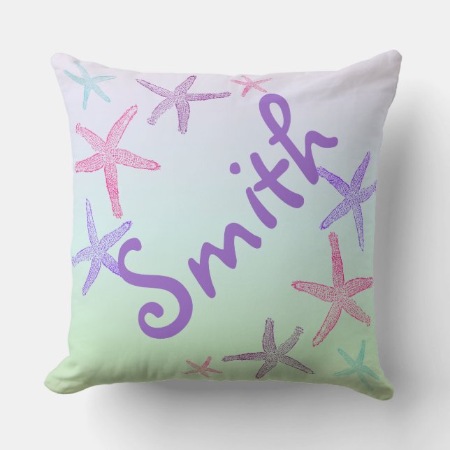 Cute Starfish on Aqua Pastel Monogram Cushion (Front)