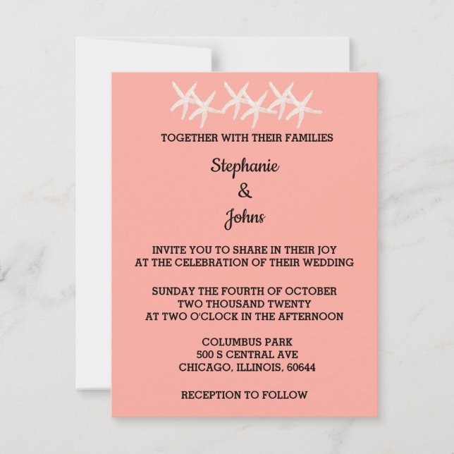 Cute Starfish Patterns White Salmon Orange Wedding Invitation (Front)